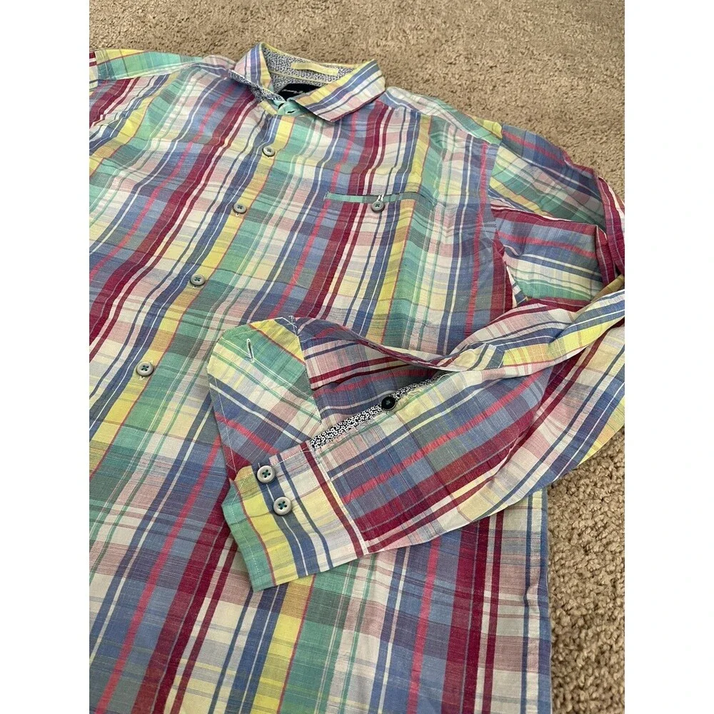 TOMMY BAHAMA Madras Plaid Multicolor Cotton Silk Shirt Pocket Men’s Size Large - Picture 4 of 11